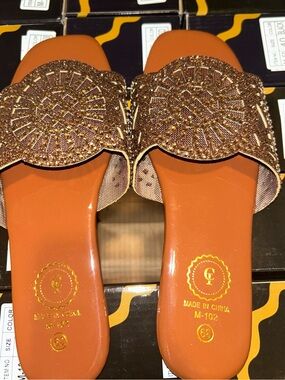 Beaded Brown Slide Sandals for Women - Elegant Embellished Slides